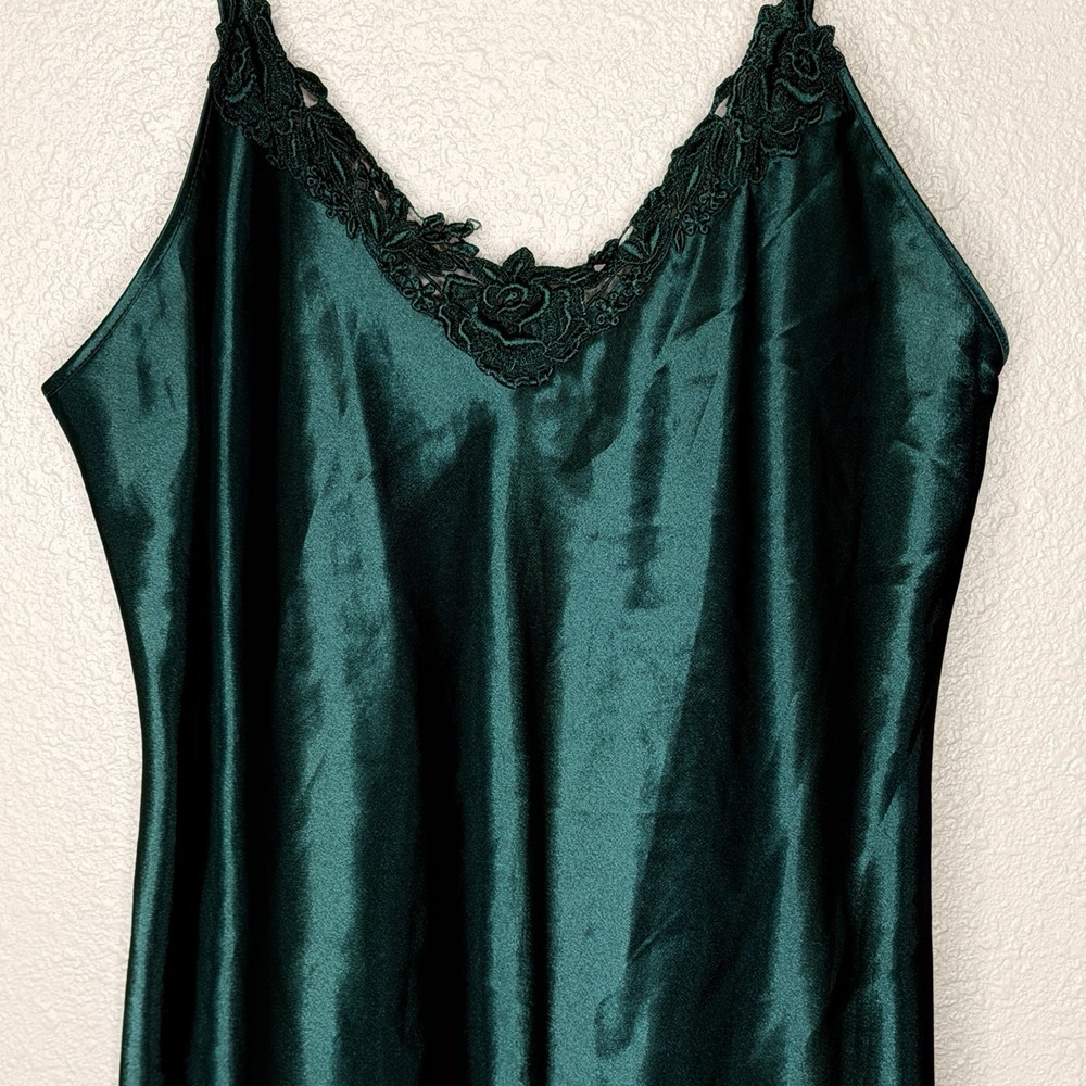 VTG Alexandra Nicole Satin Slip Dress Green Lace Trim Nightgown Y2K Medium Bias - Picture 2 of 7